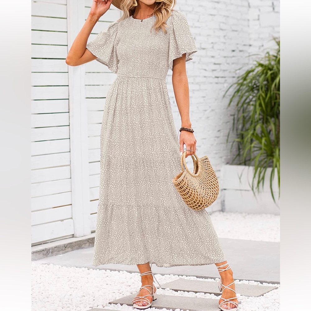 Floral Print Short Flutter Sleeve Crew Neck Smocked High Waist Flowy Maxi Dress